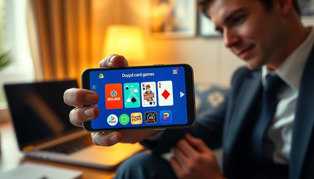 A close-up of a smartphone displaying a colorful app interface for downloading card games. The screen features vibrant icons representing various card games like poker, solitaire, and bridge. In the foreground, the smartphone is held by a person in professional business attire, showing engagement and curiosity. The middle ground captures a cozy home environment with a desk and a laptop, hinting at a tech-savvy atmosphere. The background includes warm, soft lighting from a desk lamp, creating an inviting mood. The overall ambiance is focused on modern technology and leisure, with a balance of professionalism and casual comfort. Emphasize clarity and detail, making the app screen the focal point.