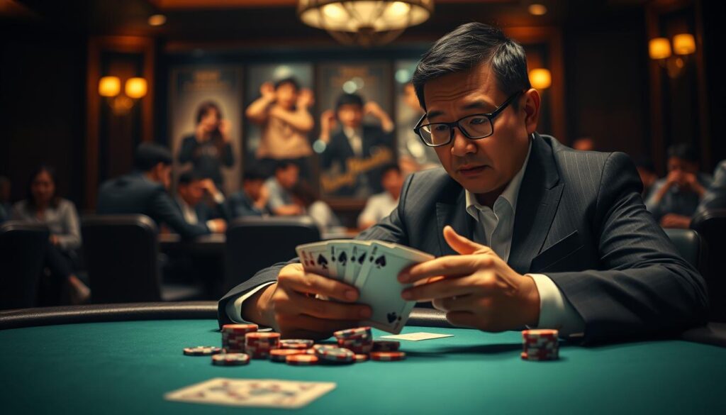 A close-up view of a professional poker player seated at a well-lit green felt poker table, meticulously examining a deck of playing cards and a selection of poker chips. The player, a middle-aged Asian man in a smart, tailored suit with a focused expression, is surrounded by other players in the background, all engaged in a serious game. Dim ambient lighting creates an intimate atmosphere, while a soft spotlight highlights the player's hand of cards. The background features blurred images of fellow competitors, emphasizing the tension and excitement in the room. A subtle reflection on the polished table surface adds depth, enhancing the mood of strategic thinking and anticipation.