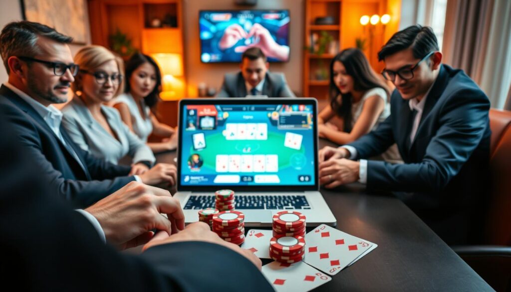 A colorful and engaging scene of a card game being played online, featuring players seated around a virtual table. In the foreground, close-up details of high-quality playing cards, chips, and a laptop displaying the game interface, emphasizing the excitement of online gaming. The middle ground includes several individuals, dressed in professional business attire, intensely focused on their screens, showcasing diversity in gender and ethnicity. The background suggests a cozy home environment with warm lighting, creating a sense of comfort and camaraderie. Soft shadows enhance the atmosphere of friendly competition and engagement. The image captures the thrill of card games, reflecting a modern take on traditional gameplay.
