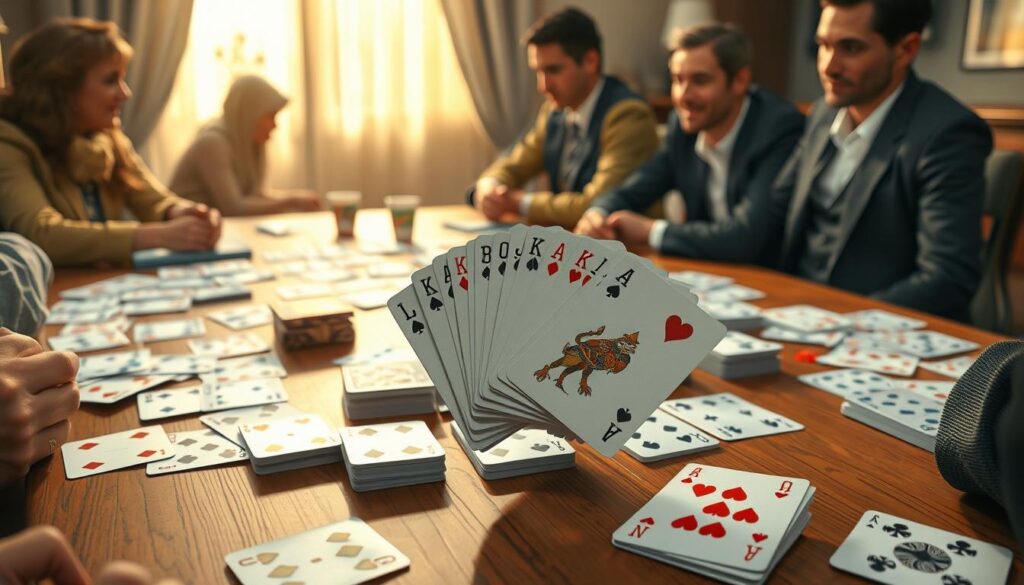 A detailed illustration of a traditional card game setup, featuring a wooden table with a variety of playing cards spread out in an organized manner. In the foreground, showcase a hand of cards held by a person in smart casual attire, emphasizing the strategic aspect of the game. The middle ground includes other players, focused and engaged in the game, contributing to a lively atmosphere. The background should have soft, warm lighting, creating an inviting environment, with faint silhouettes of people enjoying the game in a cozy room. Use a slightly elevated angle to capture the players' expressions and the intricate designs on the playing cards, highlighting the basics of card game rules and gameplay. The overall mood should be friendly and engaging.