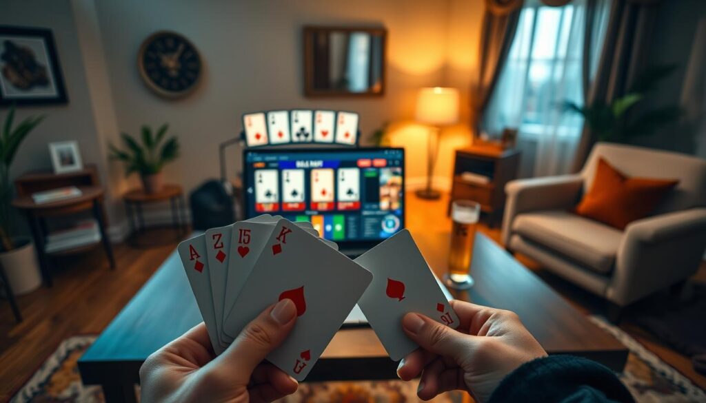 A dynamic scene depicting a vibrant online card game environment. In the foreground, a pair of hands holding playing cards, displaying a winning hand. The middle ground features a sleek laptop with a colorful game interface showing various card games like poker and blackjack. The background includes a cozy room with warm lighting, soft shadows casting across a wooden table and a comfortable chair, designed for an engaging gaming atmosphere. Incorporate elements like game chips and a festive beverage to enhance the ambiance. The overall mood should feel energetic yet inviting, emphasizing the excitement of starting a new online card gaming experience. Use a wide-angle lens effect to capture depth and create an immersive feeling.