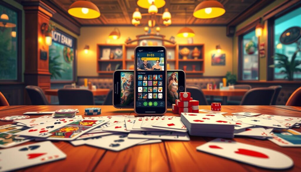 A vibrant and engaging illustration representing the concept of "value in card games." In the foreground, a detailed arrangement of various popular playing cards, showcasing their unique designs, spread across a wooden table. In the middle, a modern smartphone displaying a popular card game app, highlighting accessibility and playability. The background features a cozy café scene, with soft, warm lighting emanating from overhead fixtures, creating an inviting atmosphere. Subtle elements of game accessories like chips and dice enhance the immersive feel. The overall mood is lively and inviting, emphasizing the enjoyable experience of finding great card game offers. Capture this scene with a slightly elevated angle, allowing a clear view of both the cards and the app on the phone.