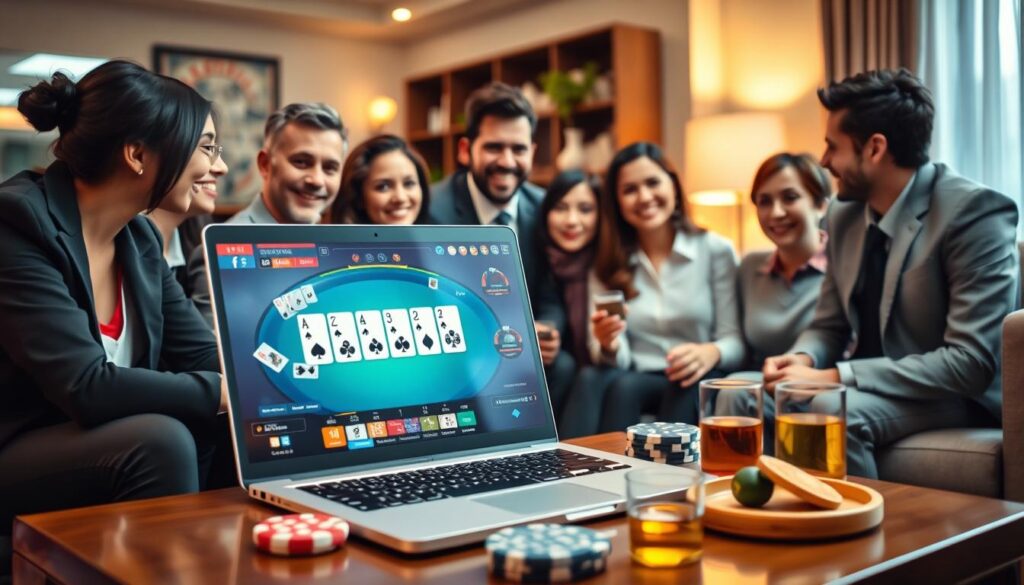 A vibrant and engaging scene depicting an online card game setup. In the foreground, a sleek, modern laptop displays a colorful online poker game interface, with vivid cards visible on the screen. Surrounding the laptop, a diverse group of individuals in professional business attire or smart casual clothing are intently focused on the game, with expressions of excitement and concentration. The middle ground features a stylish coffee table adorned with snacks and drinks, enhancing the social aspect of online gaming. In the background, a cozy living room ambiance is illustrated with warm lighting, comfortable furniture, and soft, inviting decor. The atmosphere is lively yet relaxed, inviting viewers into the thrilling world of online card games. The image should have a slight depth of field, emphasizing the laptop and players in the foreground while softening the background elements for a more immersive experience.