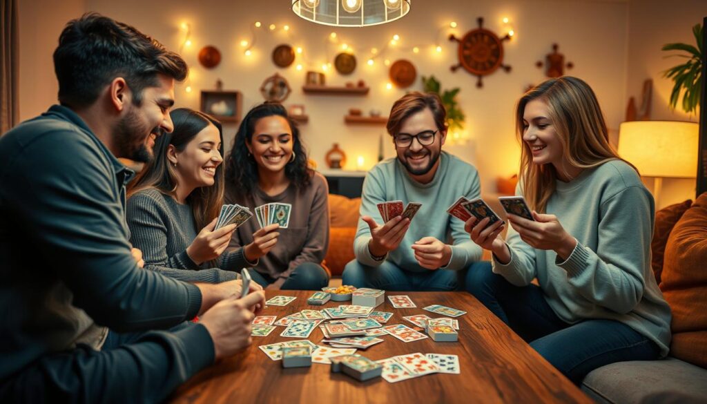 A vibrant and engaging scene of friends gathered around a table, engrossed in a card game. In the foreground, a diverse group of four young adults, dressed in comfortable, casual attire, strategizing their next moves with piles of colorful cards in their hands. Their faces express joy and concentration, highlighting the fun and competitive spirit of the game. In the middle ground, a wooden table adorned with an array of playing cards and snacks, enhancing the inviting atmosphere. The background features soft-lit decorations and a cozy living room setting, creating an intimate and lively ambiance. Warm lighting casts a gentle glow, adding to the overall mood of camaraderie and excitement. The angle captures the interaction among the friends, immersing the viewer in the experience of playing card games together.