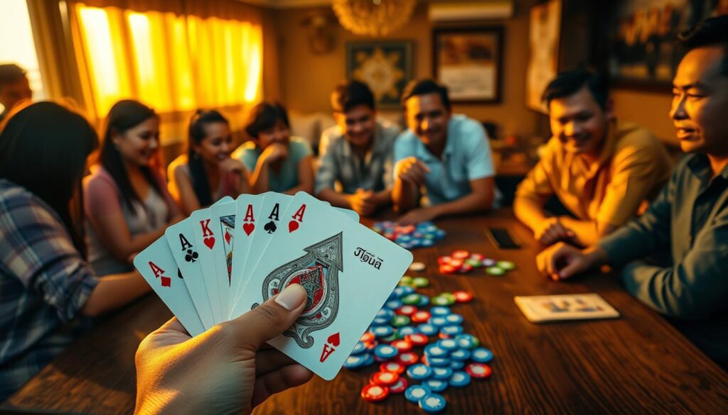 A vibrant scene depicting a classic Thai card game, "ป๊อกเด้ง", set on a wooden table. In the foreground, a hand holding cards with intricate designs, showcasing a winning hand like a pair of Aces. Surrounding the table, diverse players in modest casual clothing are engaged, their expressions filled with excitement and concentration. The middle ground captures colorful chips scattered across the table, some in vibrant blue and red, indicating enthusiastic betting. In the background, a warm, inviting ambiance is created with soft, golden lighting resembling a cozy game night atmosphere. The overall mood is lively and friendly, emphasizing the social aspect of this popular game in Thailand.