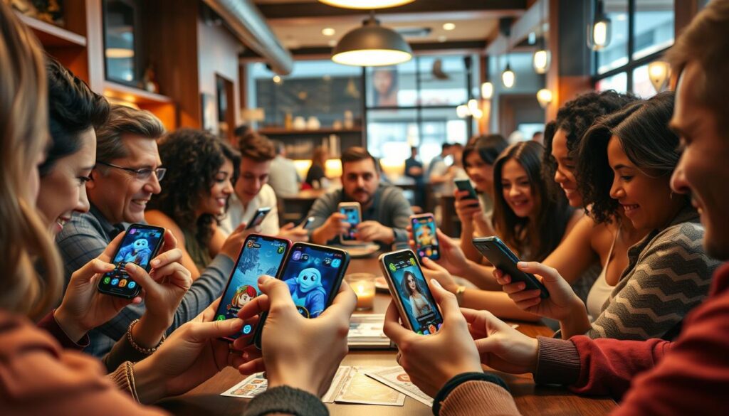 A vibrant scene depicting a group of diverse individuals gathered around a table, intensely focused on playing mobile card games on their smartphones. In the foreground, show hands holding various smartphones displaying colorful, animated card game interfaces. The middle ground features a cozy coffee shop with warm lighting and wooden decor, creating an inviting atmosphere. In the background, include patrons enjoying beverages and casual conversations. The lighting is soft and warm, enhancing the friendly and engaging mood of the gathering. Use a wide-angle lens to capture the entire scene, emphasizing the excitement and camaraderie among the players without showing any text or logos on the devices.