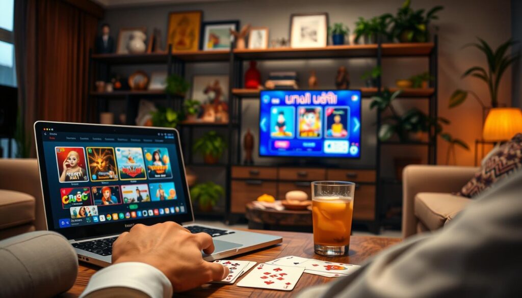 A vibrant scene depicting an online card game in a cozy Thai living room. In the foreground, a laptop screen displays various popular Thai card games like "Teen Patti" and "Pok Deng", with colorful game graphics visible. A sleek hand reaches towards the keyboard, showing a modestly dressed individual, focusing intently on gameplay. The middle ground features a well-organized table with a deck of cards, snacks, and a cup of Thai iced tea, creating a warm, inviting atmosphere. In the background, soft ambient lighting highlights a decorative shelf filled with Thai memorabilia and plants, suggesting a traditional yet modern space. The overall mood is engaging and playful, reflecting the excitement of online card games while maintaining a professional setting.