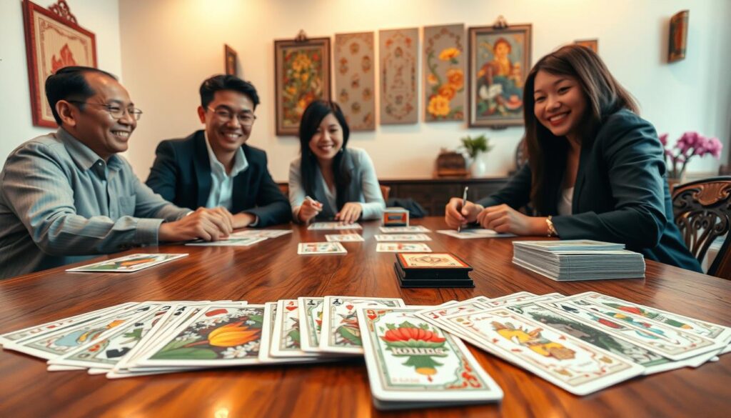 A vibrant scene depicting popular Thai card games, featuring a wooden table surrounded by a diverse group of four people engaged in play. In the foreground, intricately designed playing cards are fanned out with colorful illustrations, alongside decorative Thai elements such as lotus flowers and traditional motifs. The middle ground captures the players, two men and two women, dressed in business casual attire, intensely focused and smiling as they interact. The background features soft Thai cultural decor, like traditional wall hangings and muted colors, creating a cozy atmosphere. Soft, warm lighting illuminates the scene, highlighting the excitement and camaraderie of the game. The perspective is slightly elevated, giving an inclusive view of the table and players.
