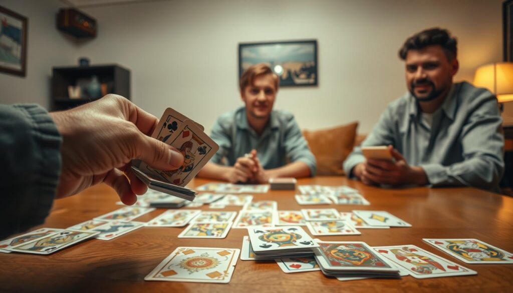 A vibrant scene of a high-quality card game setup on a wooden table, featuring an array of colorful, beautifully illustrated playing cards. In the foreground, a hand elegantly deals cards, showcasing intricate designs and patterns on the cards. The middle ground captures thoughtful players engaged in the game—two individuals in modest casual clothing, their expressions focused and excited. In the background, soft lighting illuminates the space, creating a warm, inviting atmosphere reminiscent of a cozy living room. The camera angle is slightly elevated, giving a clear view of the cards and players. The mood conveys camaraderie and strategic thinking, inviting viewers to appreciate the richness of card games.