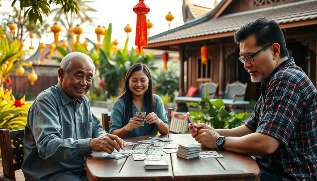 A vibrant scene of a traditional Thai card game being played outdoors. In the foreground, three people in modest casual clothing are sitting around a wooden table, intensely focused on their cards. The players, an older man with a friendly smile, a young woman with bright eyes, and a middle-aged man with a thoughtful expression, convey a sense of camaraderie and strategy. In the middle ground, colorful Thai decorations and a lush green garden create an inviting atmosphere. Soft, warm lighting from a late afternoon sun casts gentle shadows. In the background, traditional Thai architecture, such as a wooden house with intricate carvings, adds cultural context to the scene. The overall mood is lively and engaging, encapsulating the essence of card games in Thailand.