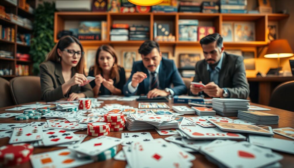 A vibrant tabletop scene showcasing a variety of popular card games. In the foreground, a well-organized spread of cards, including classic playing cards, poker chips, and a deck of Uno cards, all artfully arranged. In the middle, diverse individuals playing card games intensely, depicted in professional attire, including a thoughtful woman with glasses and a focused man in a suit. The background features a cozy gaming environment with soft lighting, a wooden table, and shelves filled with board games. The atmosphere is lively yet focused, capturing the excitement and camaraderie of card gaming. Use a warm color palette to enhance the inviting mood, with a shallow depth of field to emphasize the foreground cards. The scene is illuminated naturally, suggesting a friendly gathering.